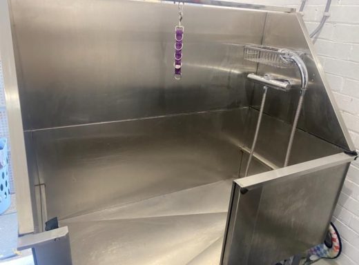 Empty stainless steel sink with a drain and a hanging purple indicator.