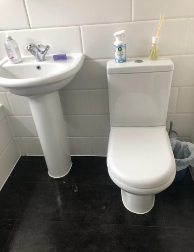 White toilet beside a pedestal sink on a tiled floor.